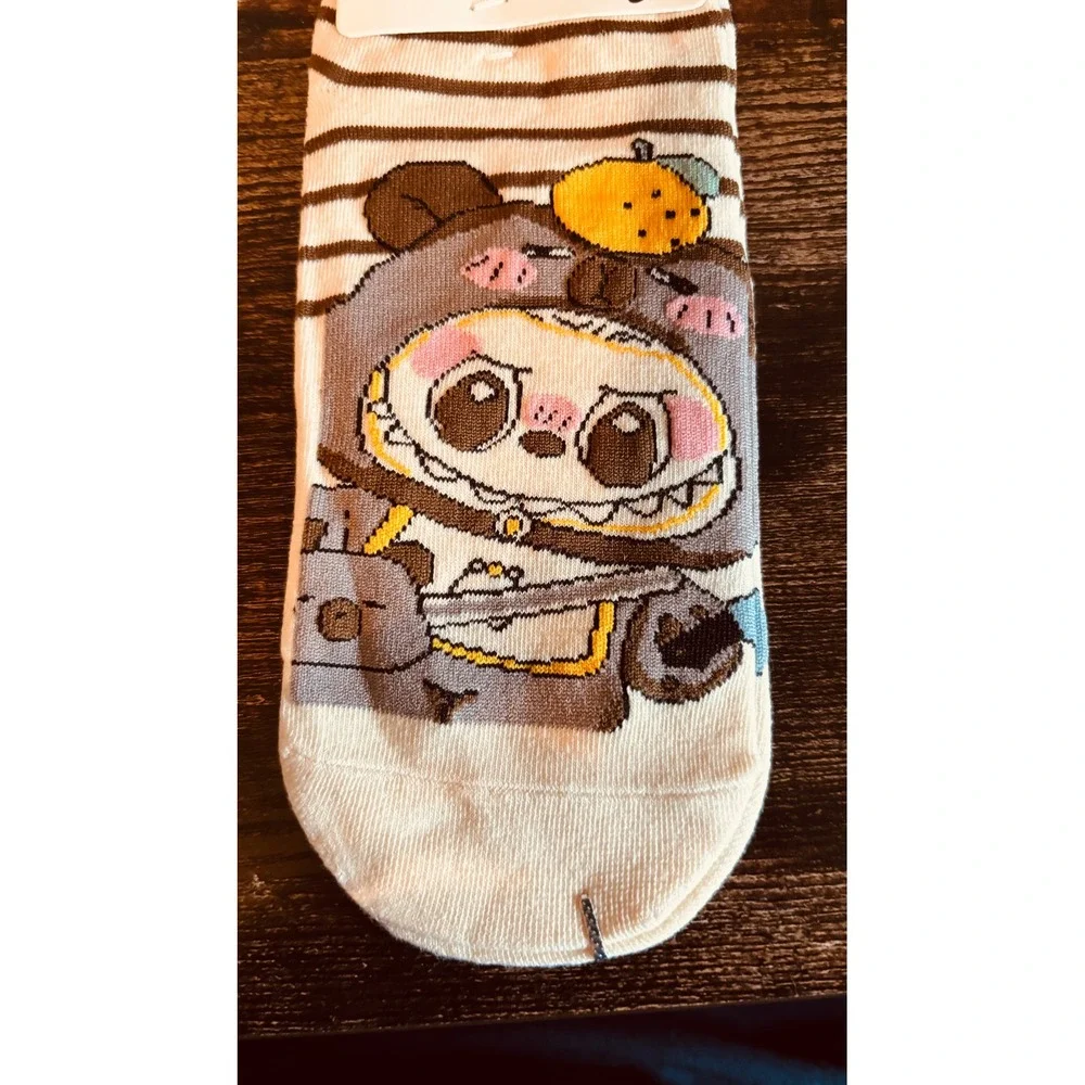Labubu Character Graphic Socks Cream Brown Striped Costume Art Toy Accessory
